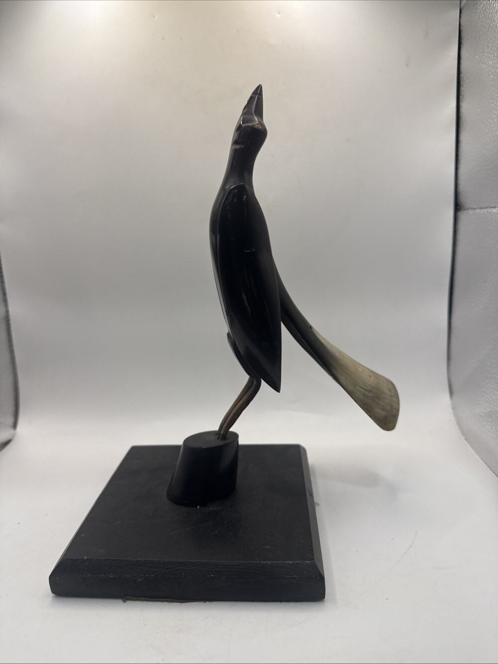 Vintage Hand Carved Water Buffalo Horn Bird Sculpture MCM Folk Art Wood Base *